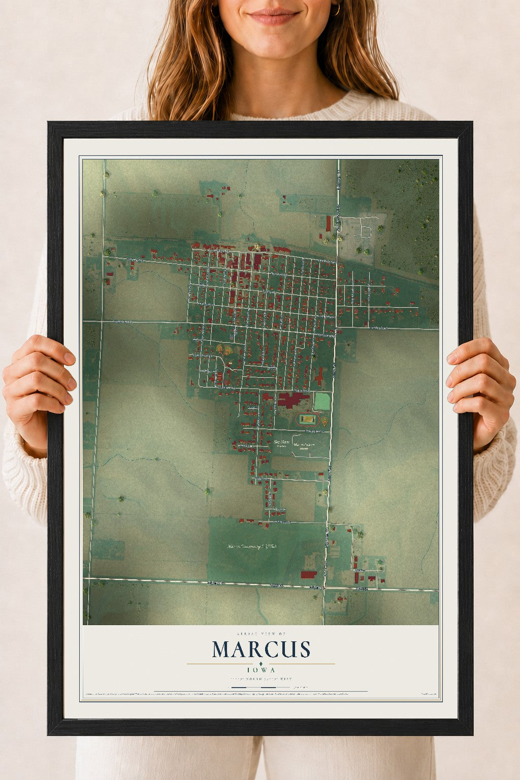 Map of Marcus, Iowa, 18 x 24 inch print in a black wood frame