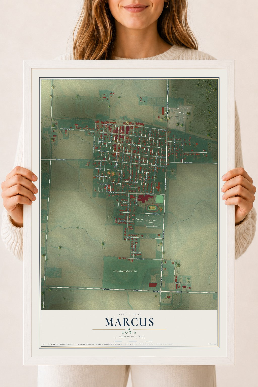 Map of Marcus, Iowa, 18 x 24 inch print in a white wood frame