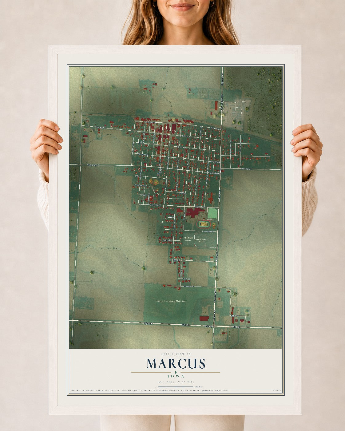 Map of Marcus, Iowa, 24 x 36 inch print in a white wood frame