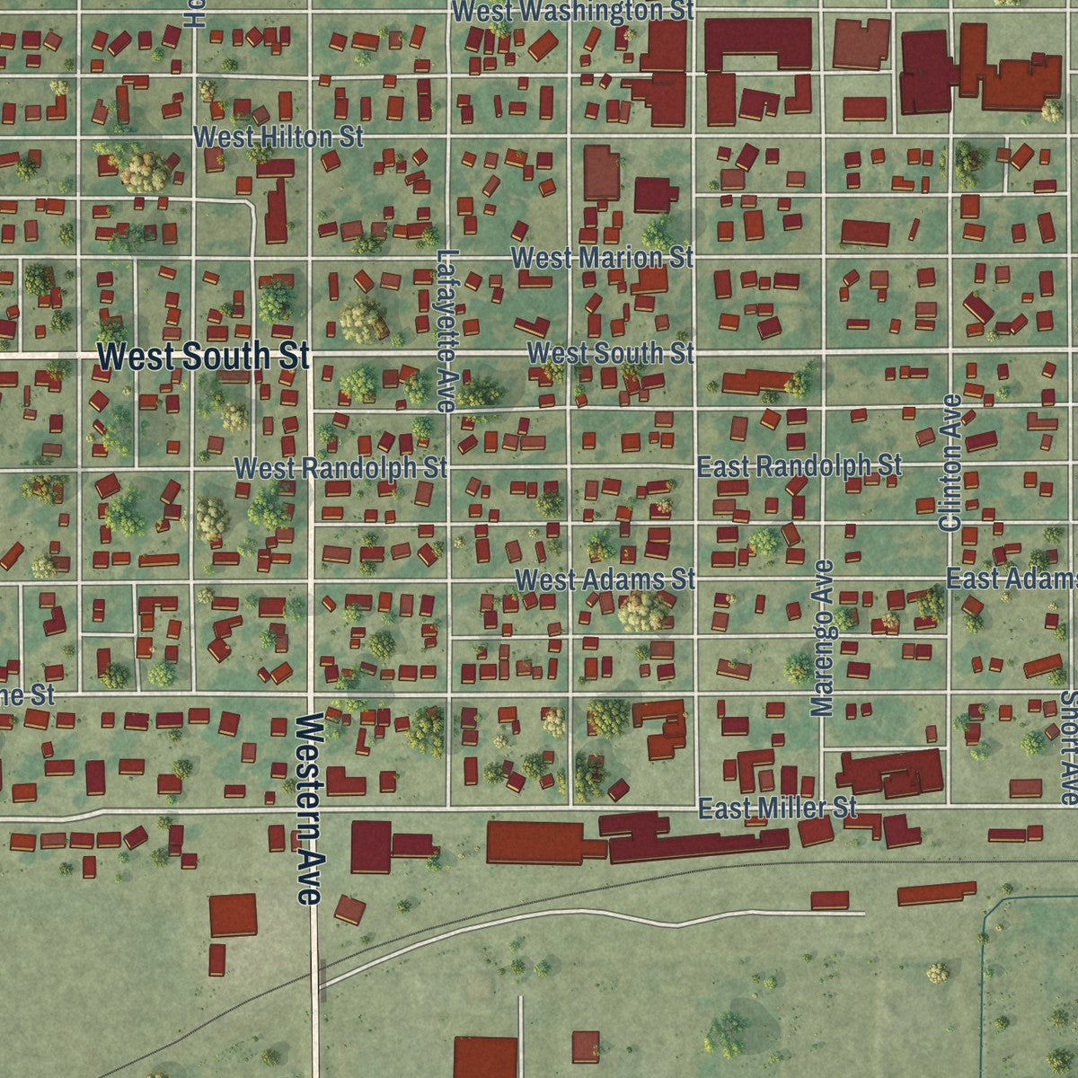 Close-up of the map of Marengo, Iowa print showing street and building detail