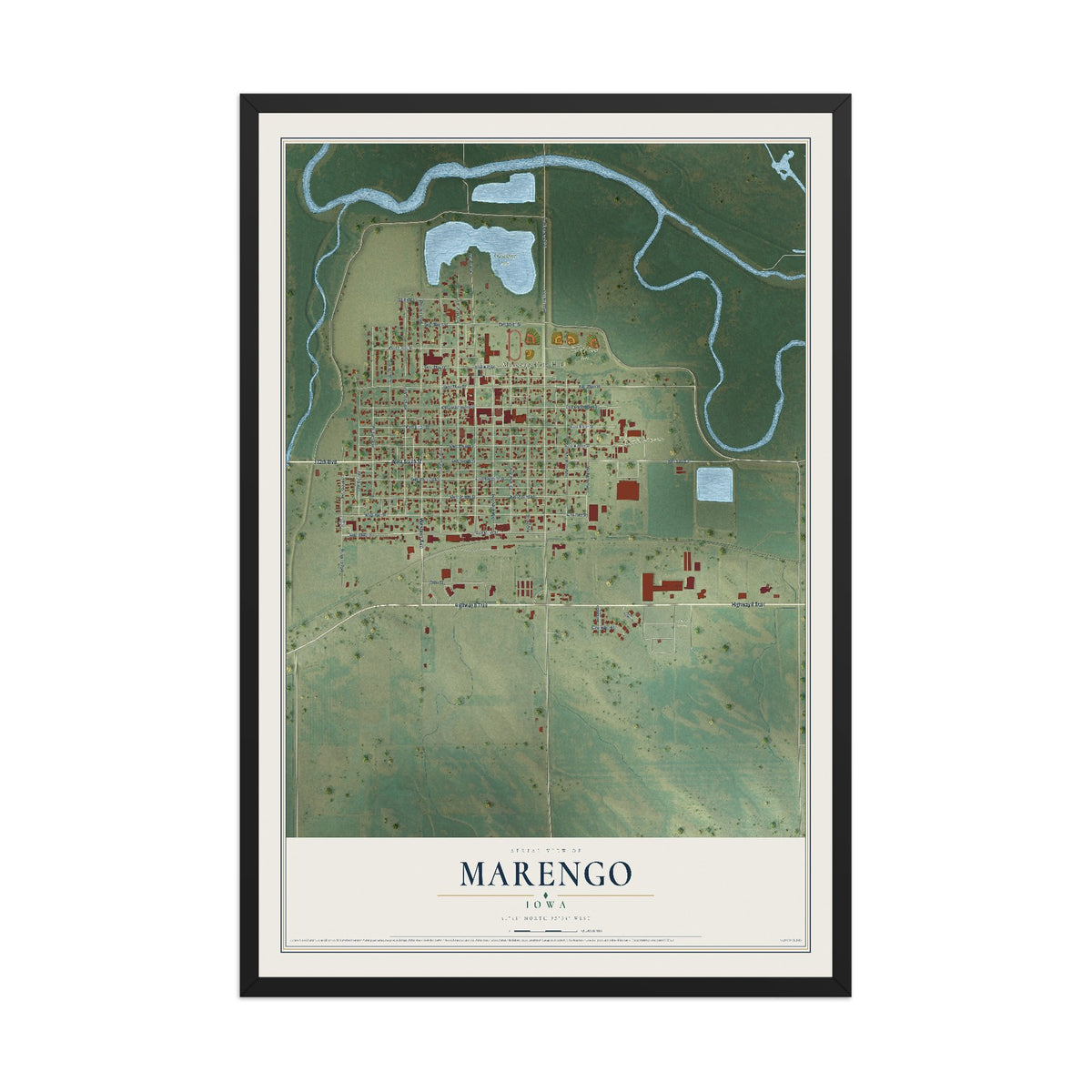 Map of Marengo, Iowa, 12 x 18 inch print in a black wood frame