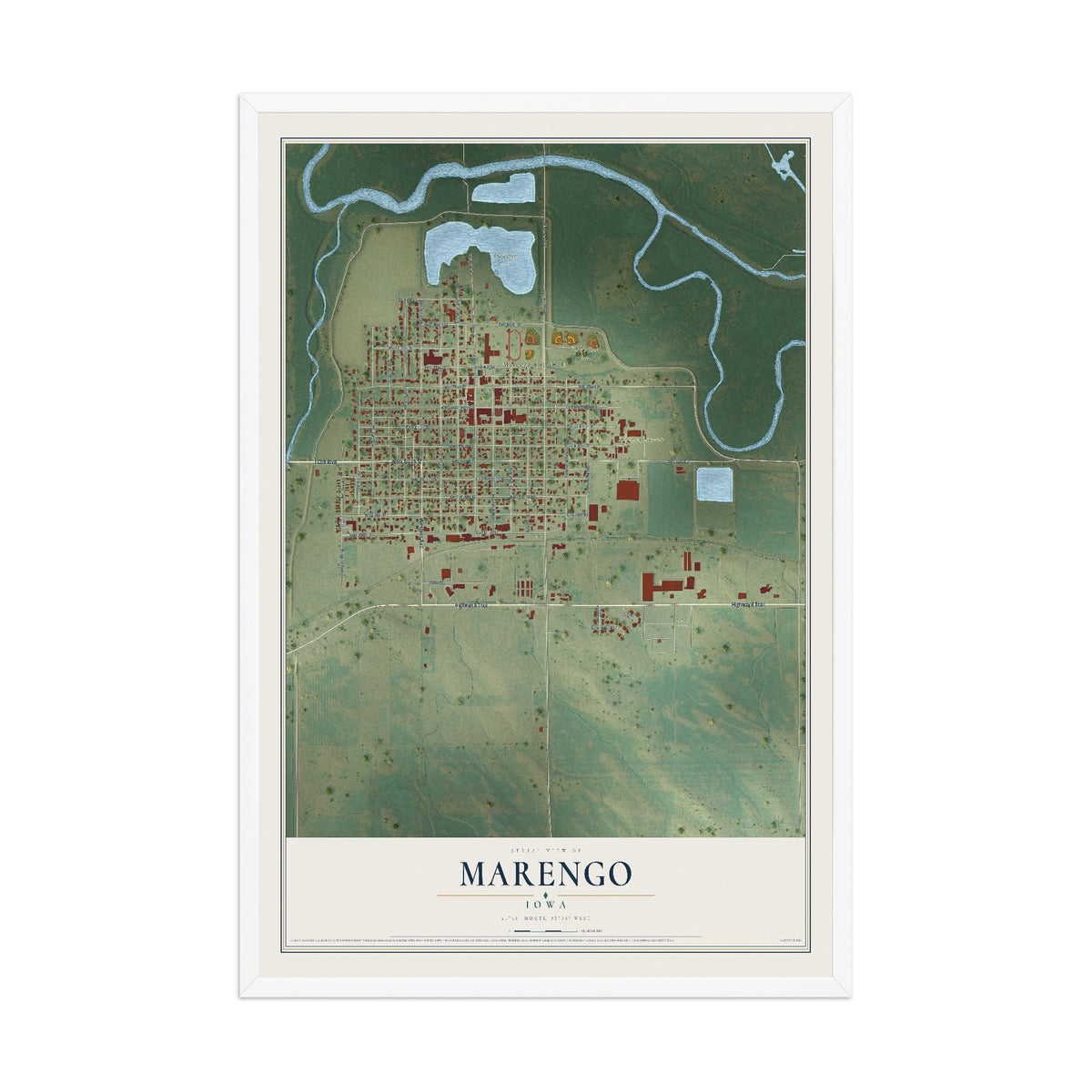 Map of Marengo, Iowa, 12 x 18 inch print in a white wood frame