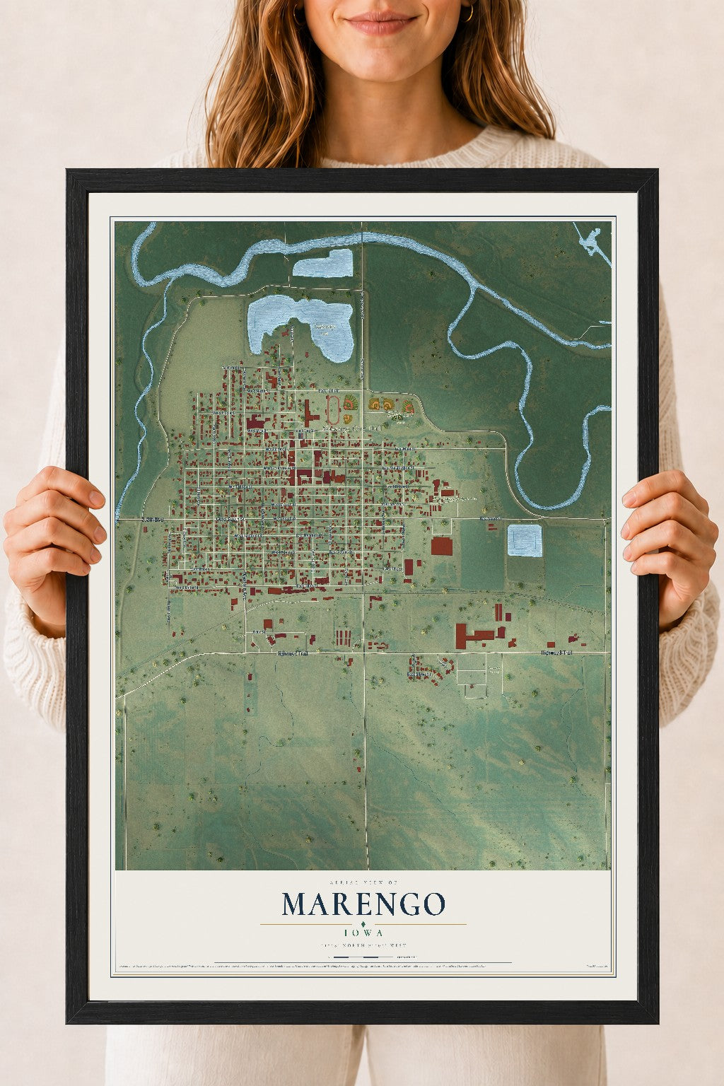 Map of Marengo, Iowa, 18 x 24 inch print in a black wood frame