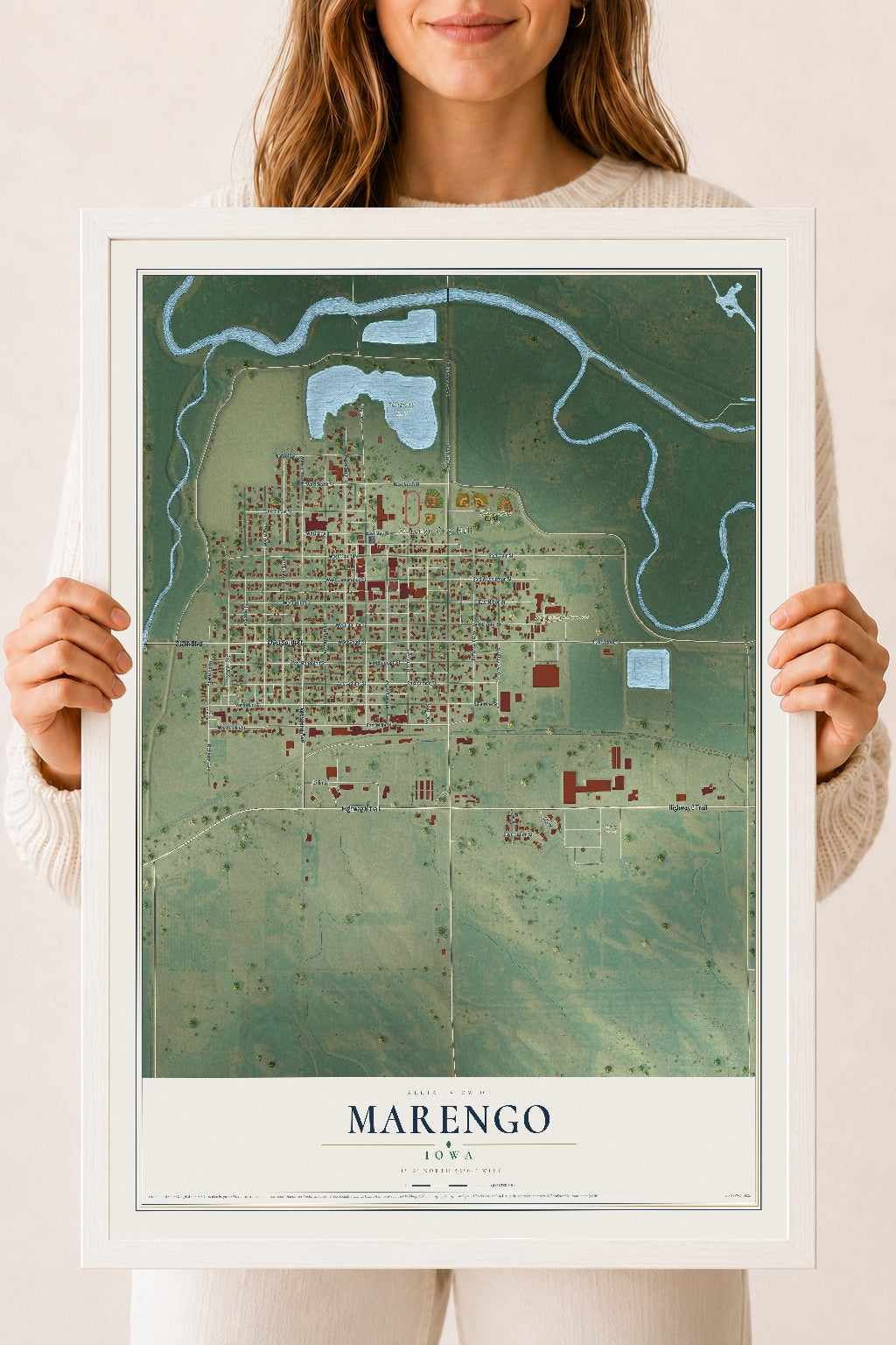 Map of Marengo, Iowa, 18 x 24 inch print in a white wood frame