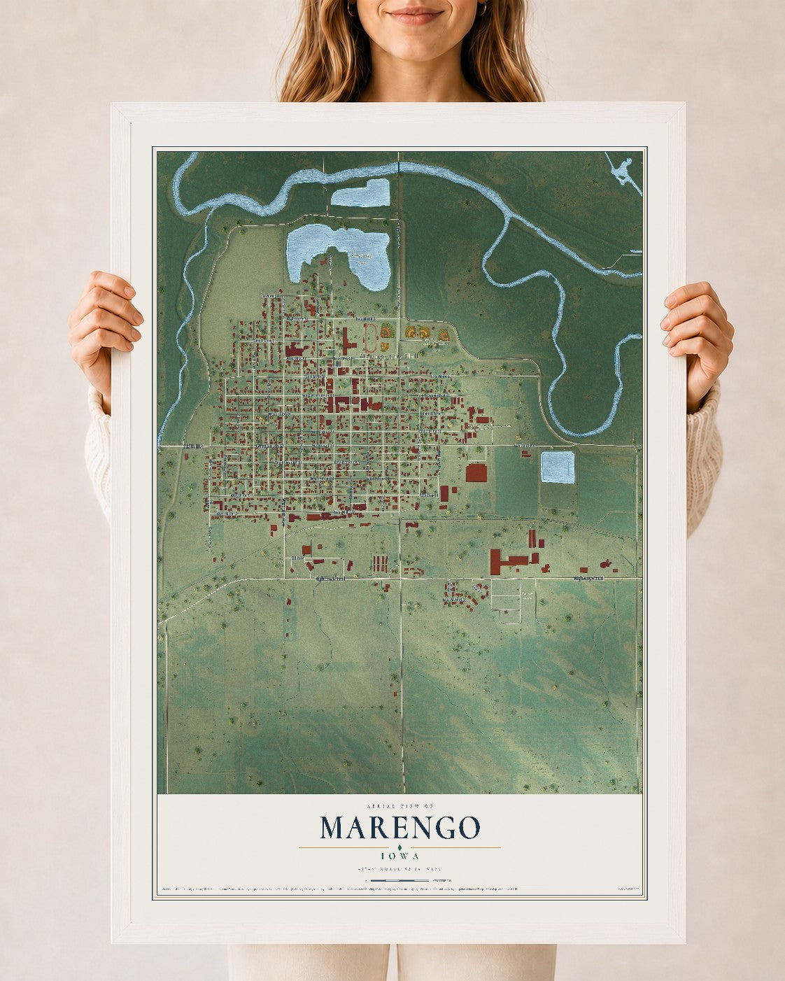 Map of Marengo, Iowa, 24 x 36 inch print in a white wood frame