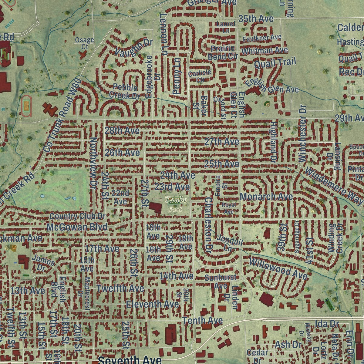 Close-up of the map of Marion, Iowa print showing street and building detail
