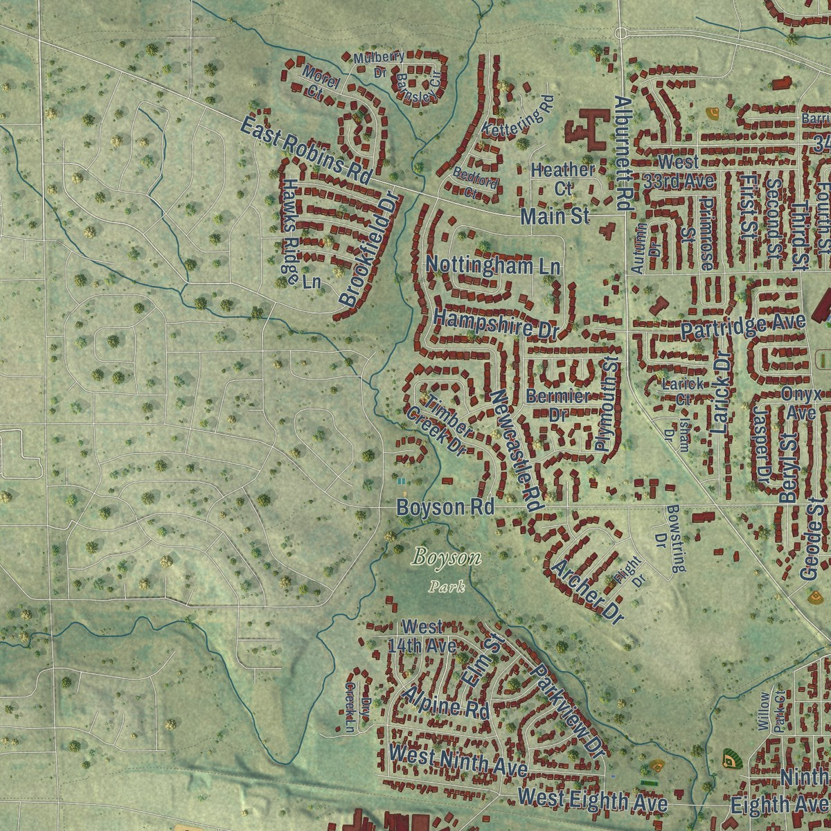 Second close-up of the map of Marion, Iowa print showing more streets and buildings