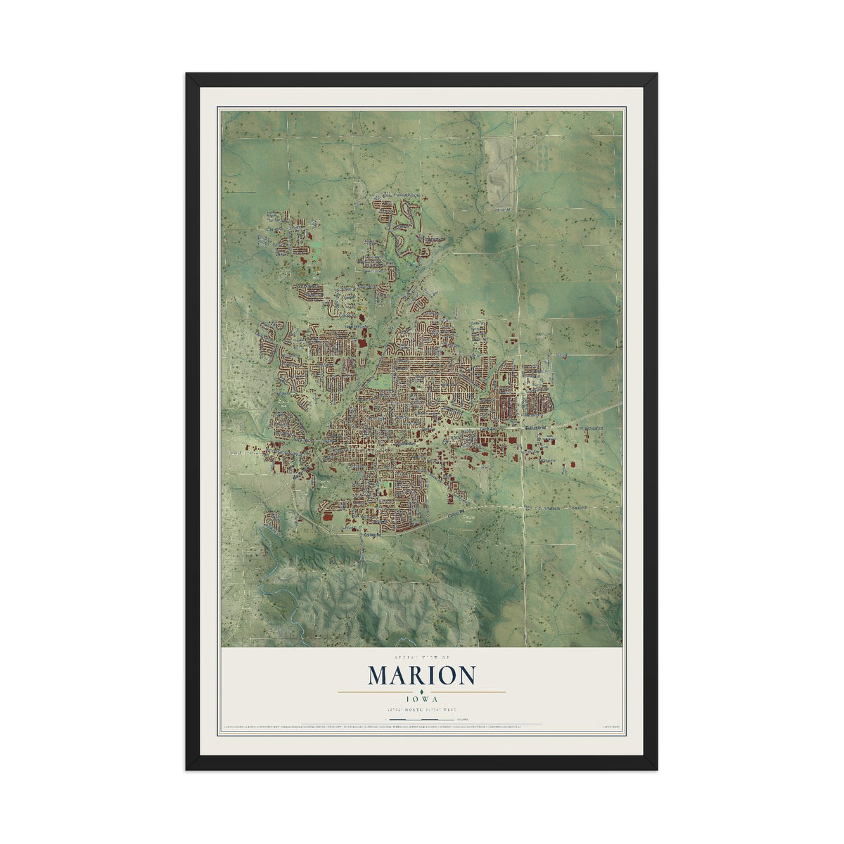 Map of Marion, Iowa, 12 x 18 inch print in a black wood frame