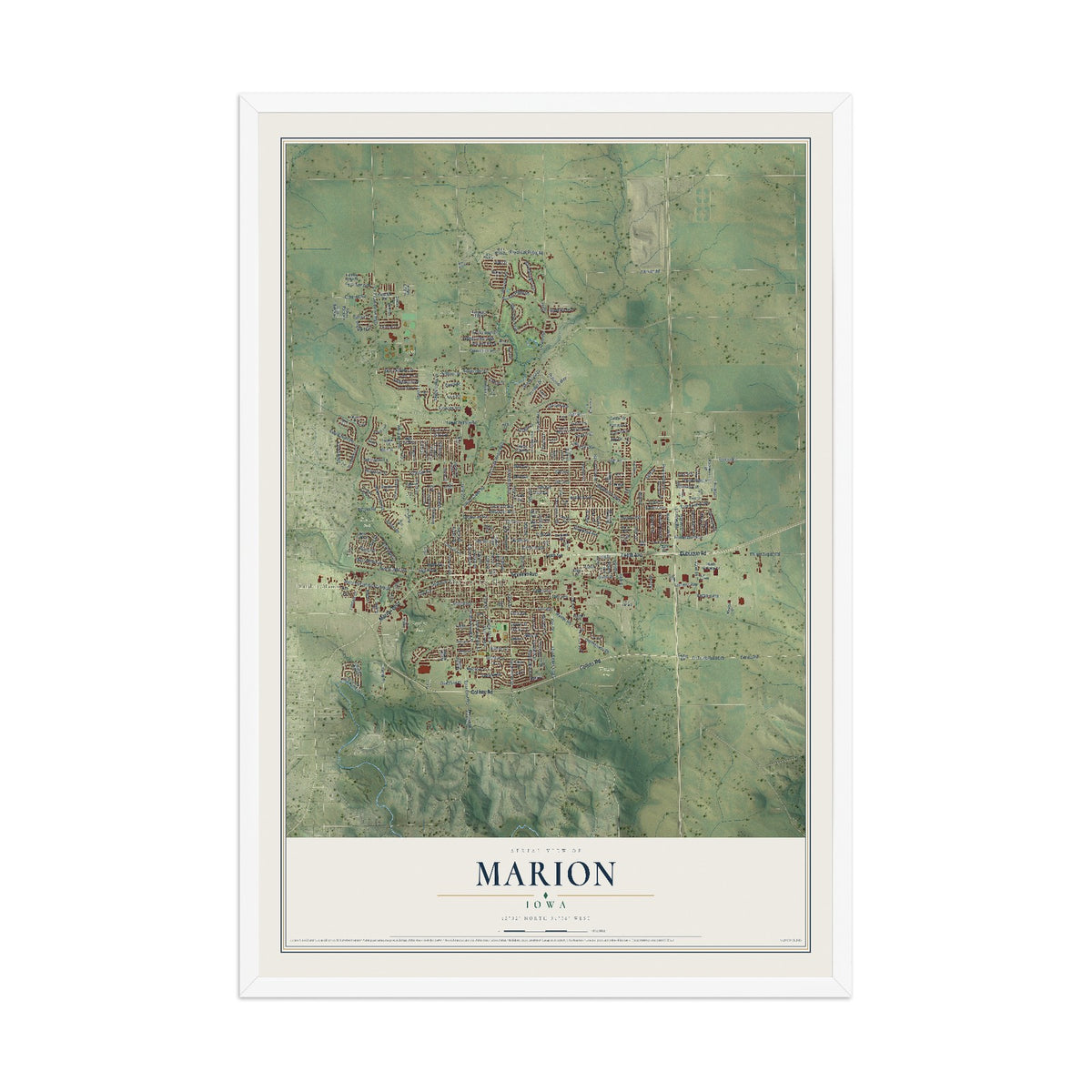 Map of Marion, Iowa, 12 x 18 inch print in a white wood frame