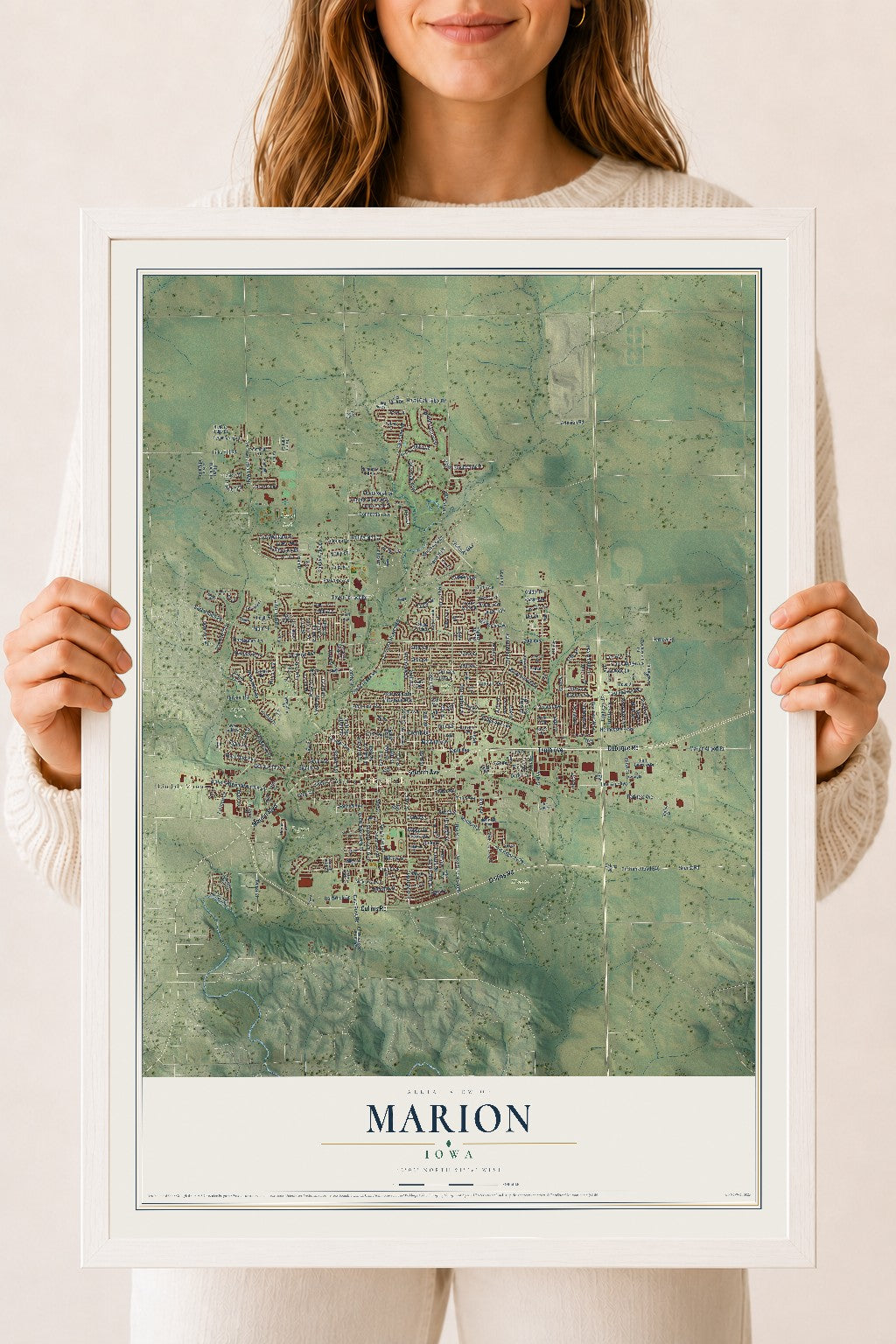 Map of Marion, Iowa, 18 x 24 inch print in a white wood frame