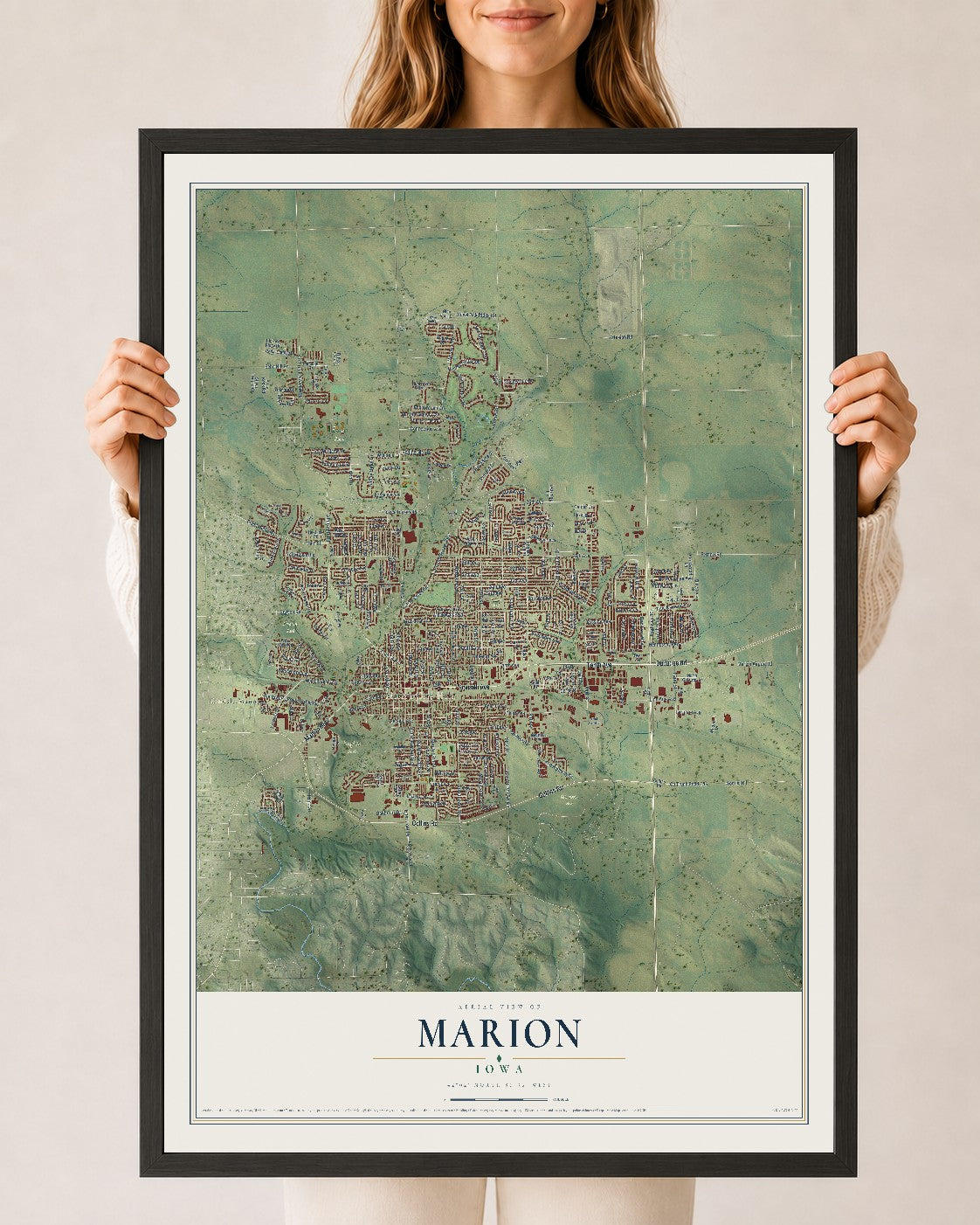 Map of Marion, Iowa, 24 x 36 inch print in a black wood frame