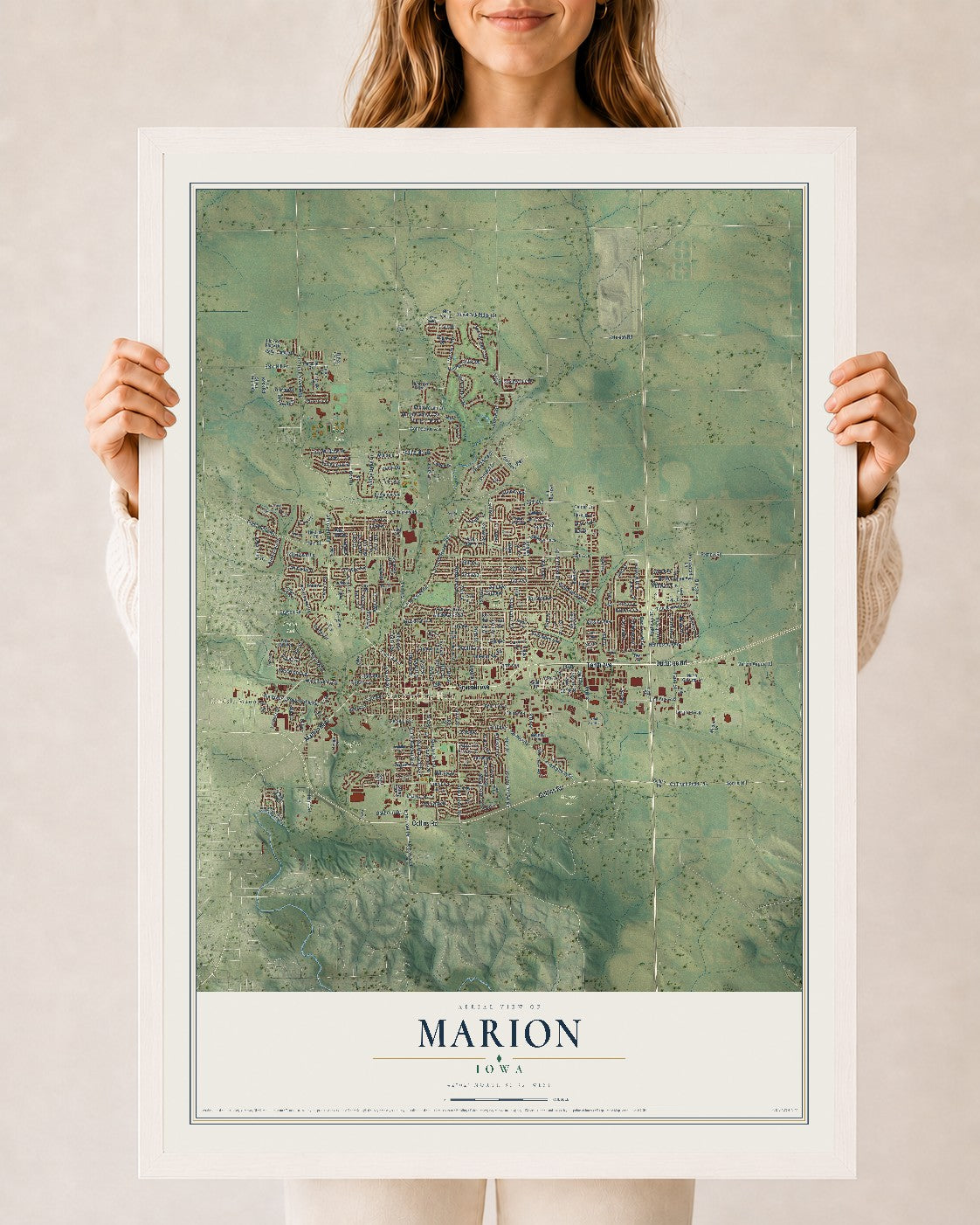 Map of Marion, Iowa, 24 x 36 inch print in a white wood frame