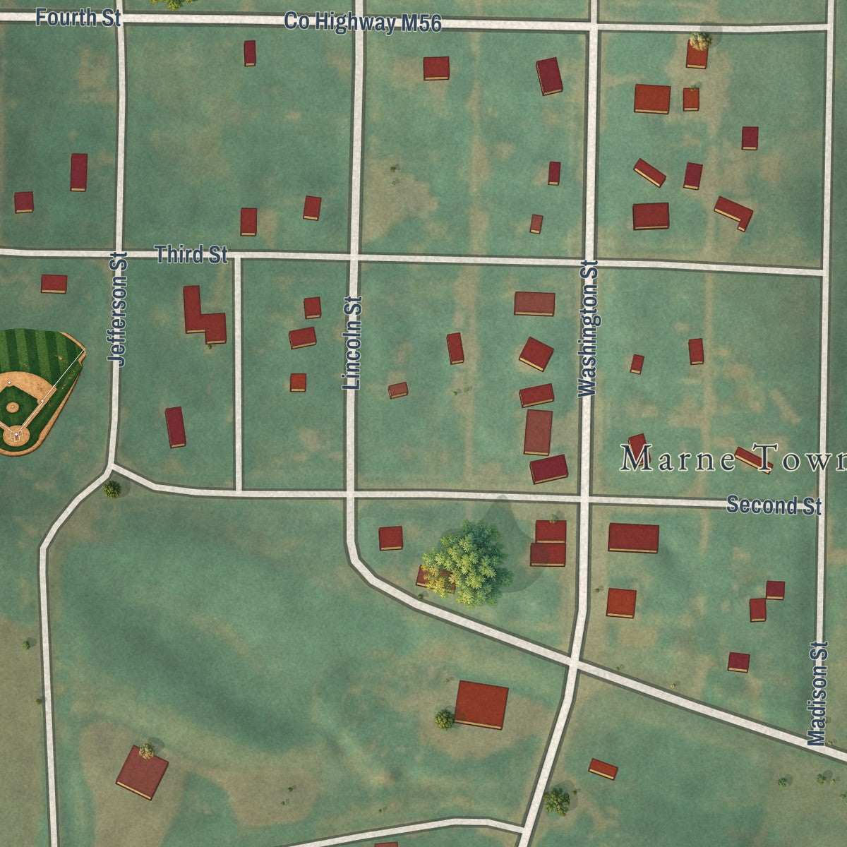 Close-up of the map of Marne, Iowa print showing street and building detail