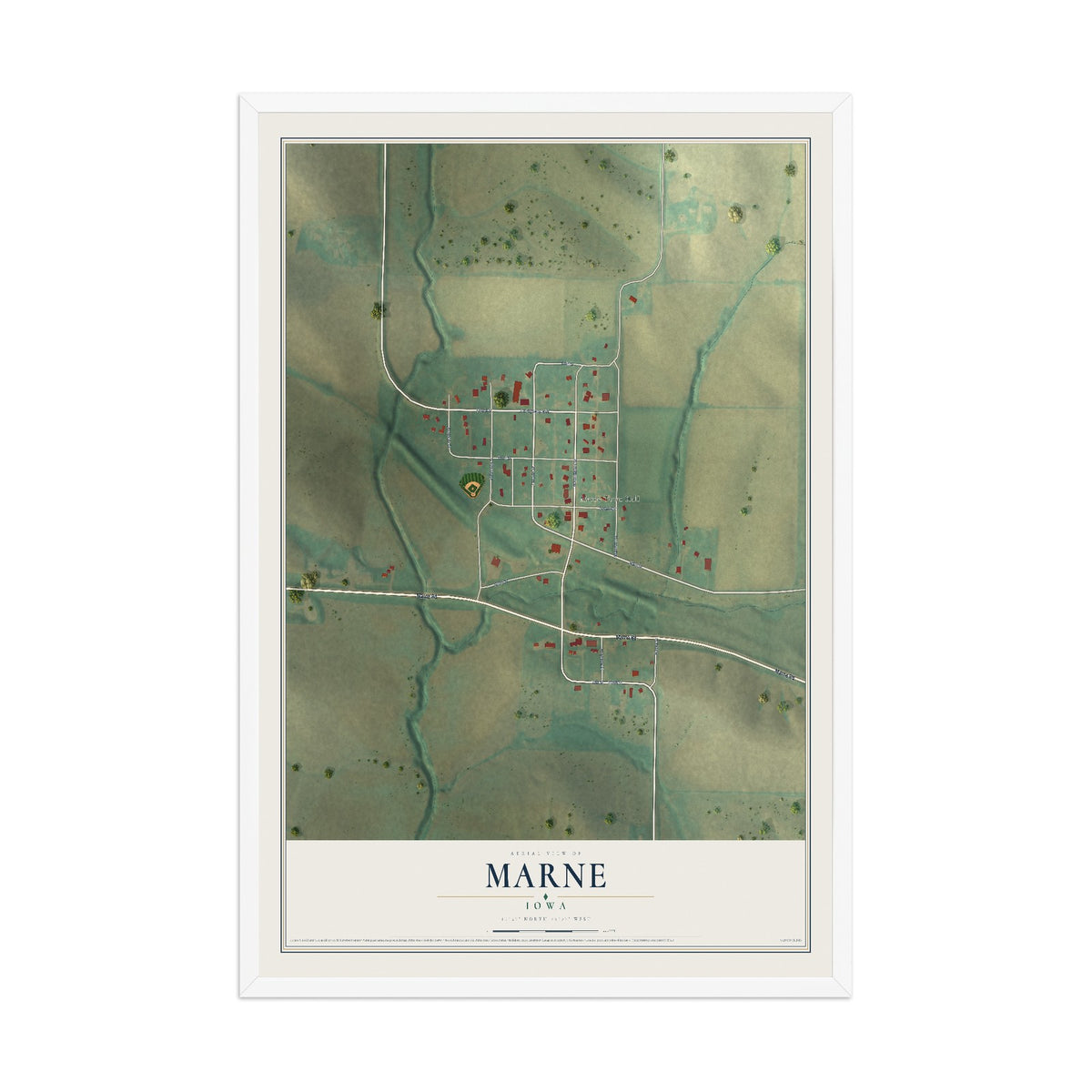 Map of Marne, Iowa, 12 x 18 inch print in a white wood frame
