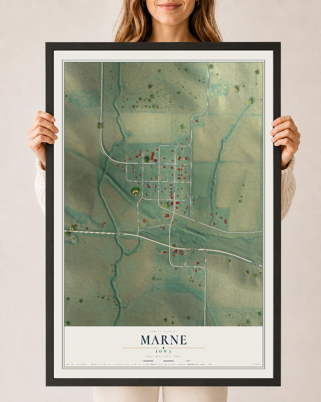 Map of Marne, Iowa, 24 x 36 inch print in a black wood frame