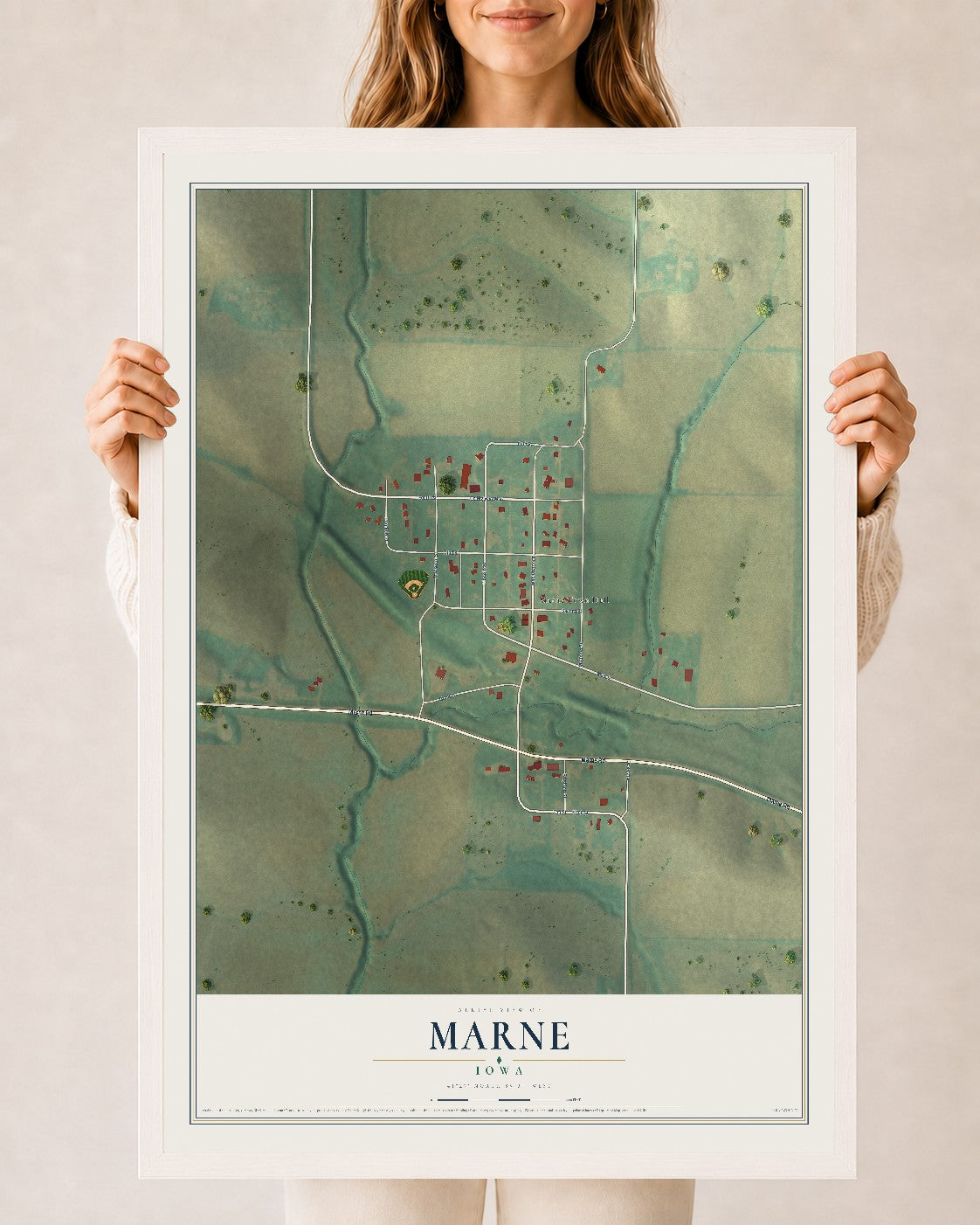 Map of Marne, Iowa, 24 x 36 inch print in a white wood frame