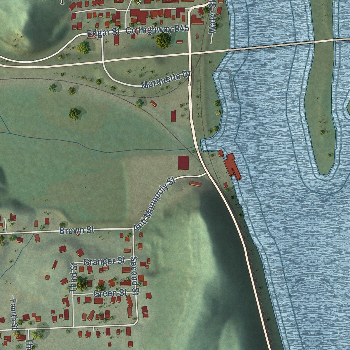 Close-up of the map of Marquette, Iowa print showing street and building detail