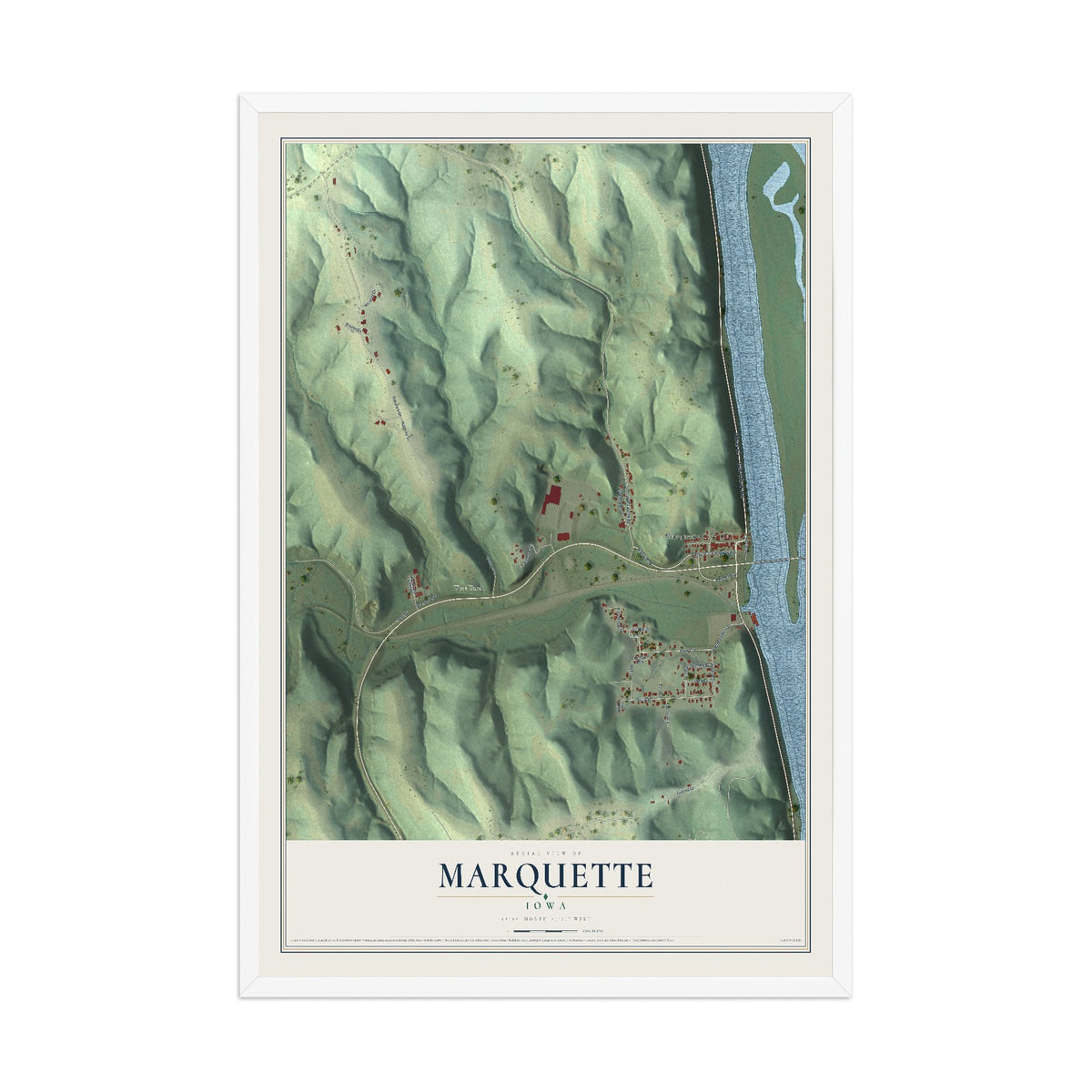 Map of Marquette, Iowa, 12 x 18 inch print in a white wood frame