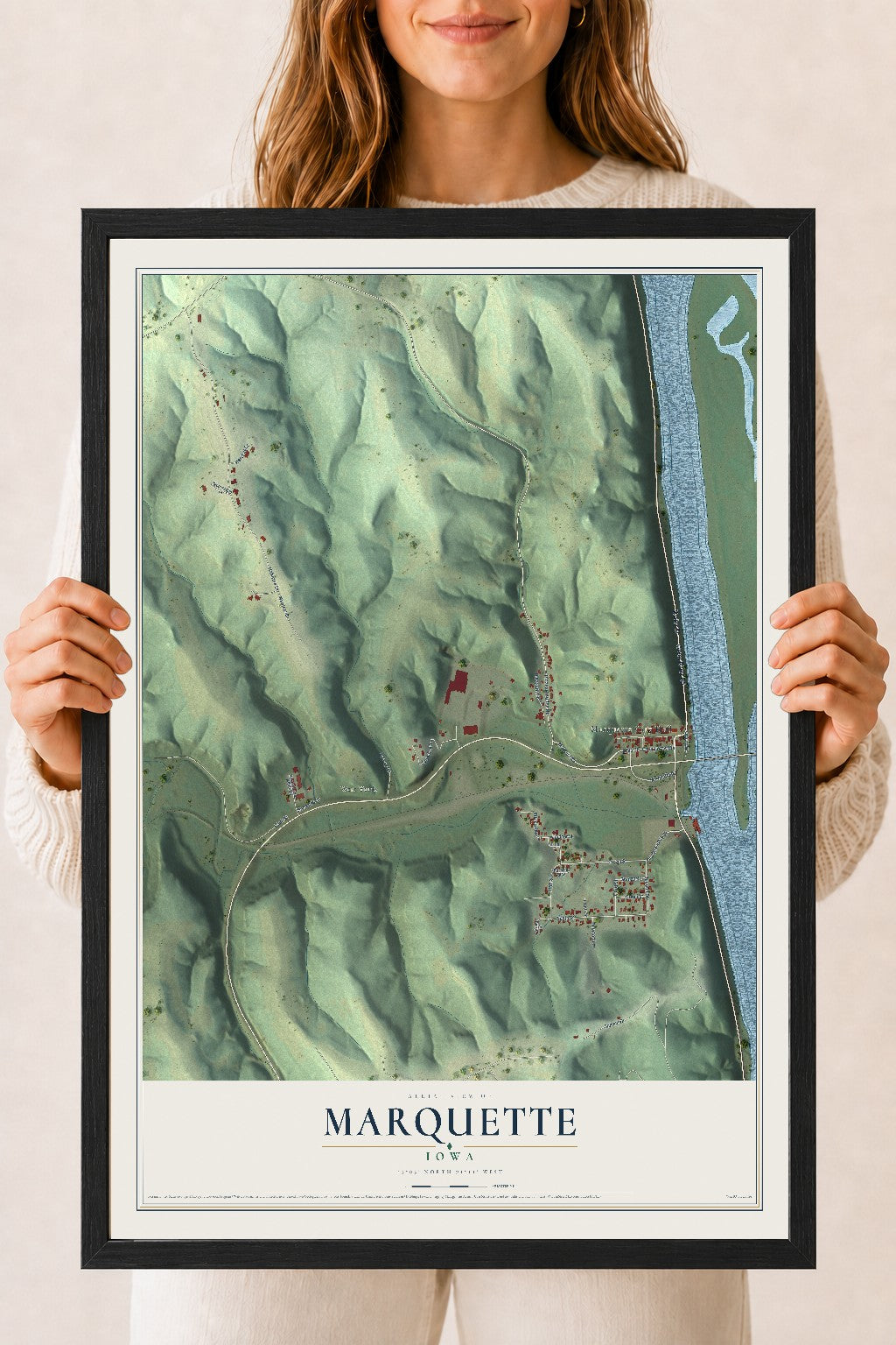 Map of Marquette, Iowa, 18 x 24 inch print in a black wood frame