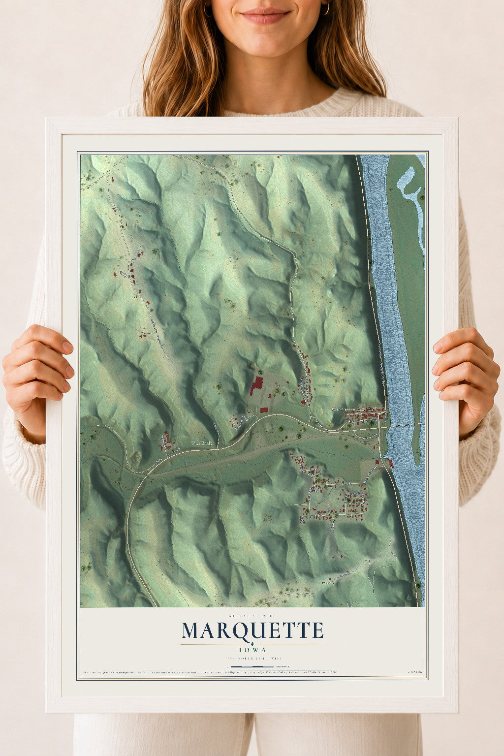 Map of Marquette, Iowa, 18 x 24 inch print in a white wood frame