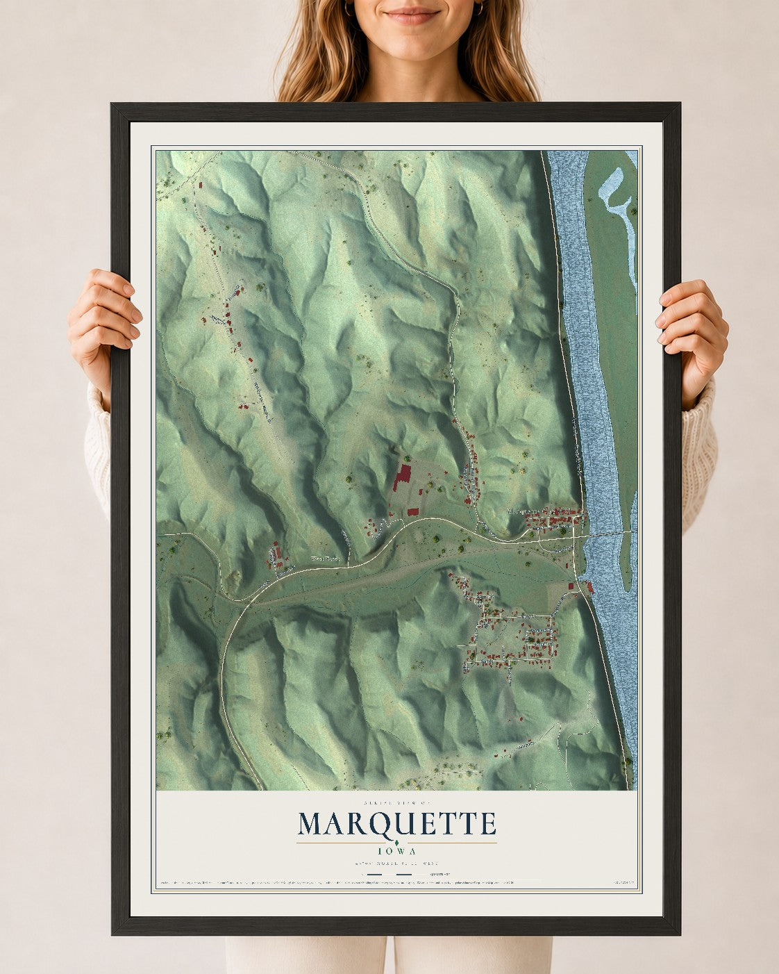 Map of Marquette, Iowa, 24 x 36 inch print in a black wood frame