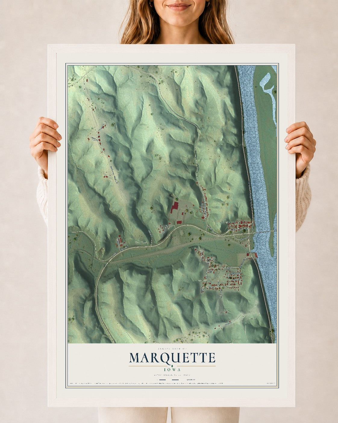 Map of Marquette, Iowa, 24 x 36 inch print in a white wood frame