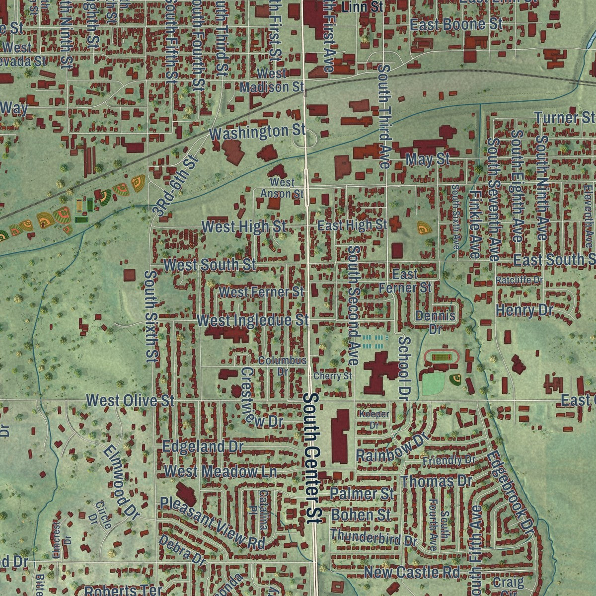 Close-up of the map of Marshalltown, Iowa print showing street and building detail