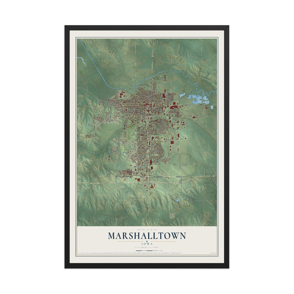 Map of Marshalltown, Iowa, 12 x 18 inch print in a black wood frame