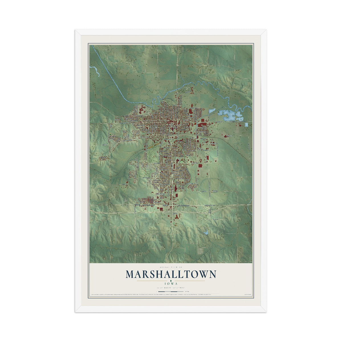 Map of Marshalltown, Iowa, 12 x 18 inch print in a white wood frame