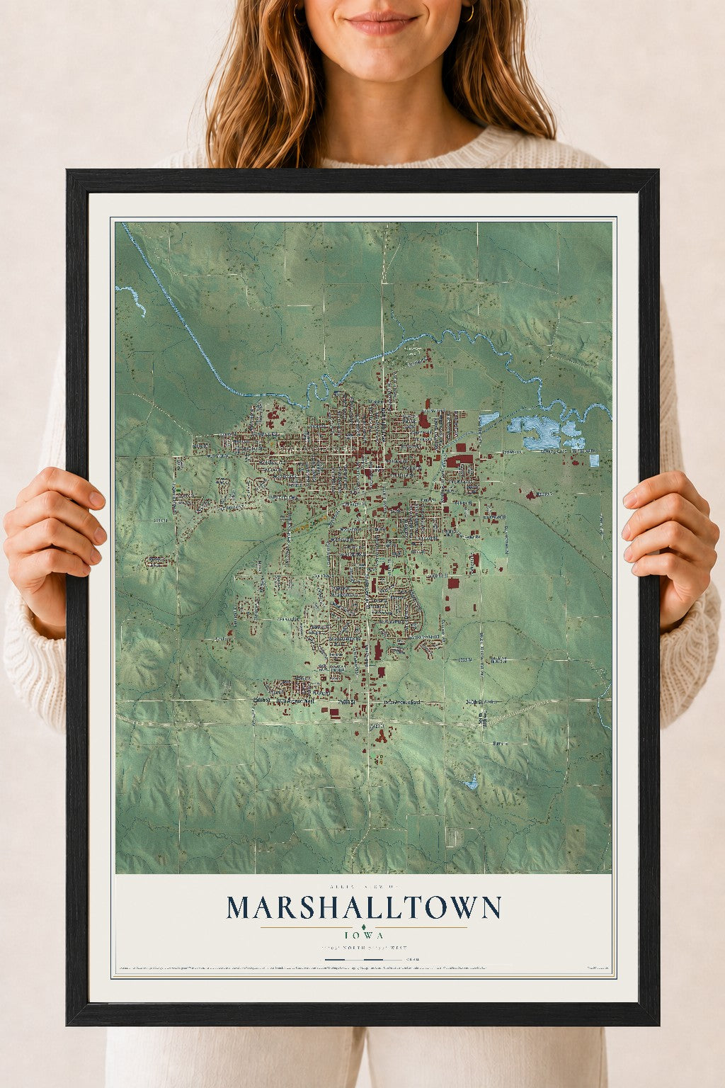 Map of Marshalltown, Iowa, 18 x 24 inch print in a black wood frame
