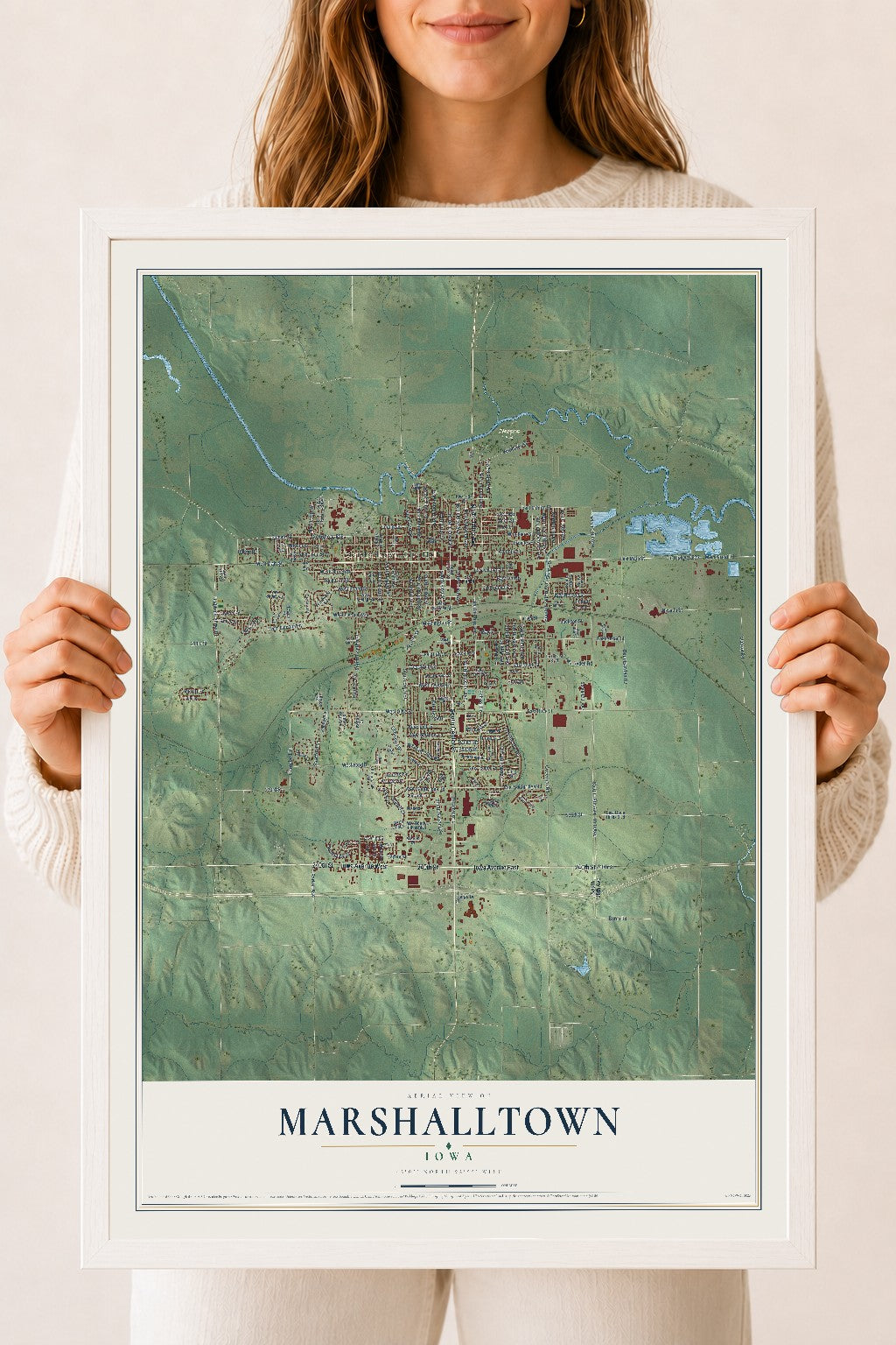Map of Marshalltown, Iowa, 18 x 24 inch print in a white wood frame