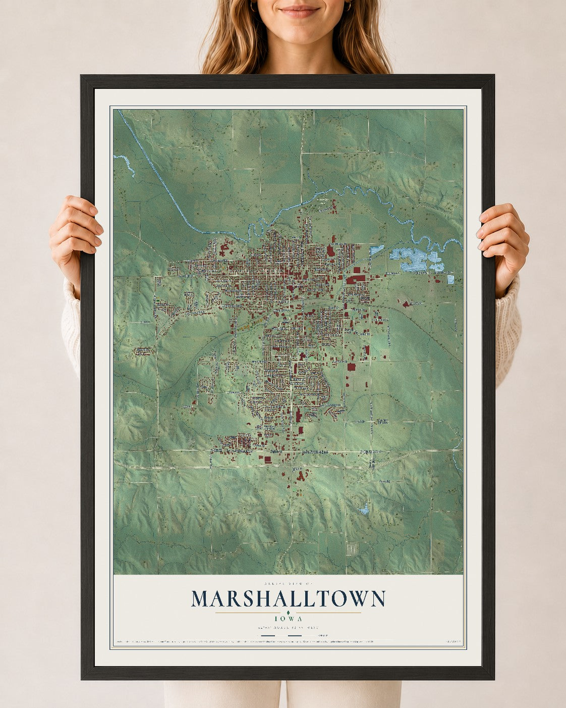 Map of Marshalltown, Iowa, 24 x 36 inch print in a black wood frame