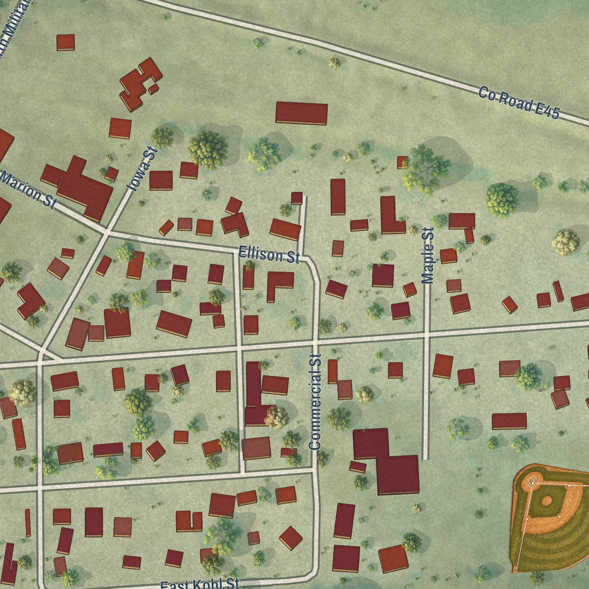 Close-up of the map of Martelle, Iowa print showing street and building detail