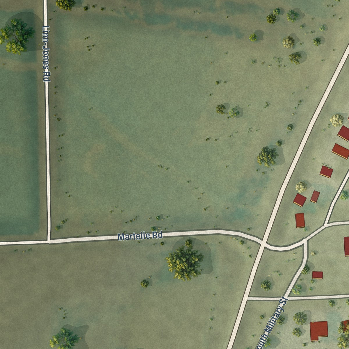 Second close-up of the map of Martelle, Iowa print showing more streets and buildings