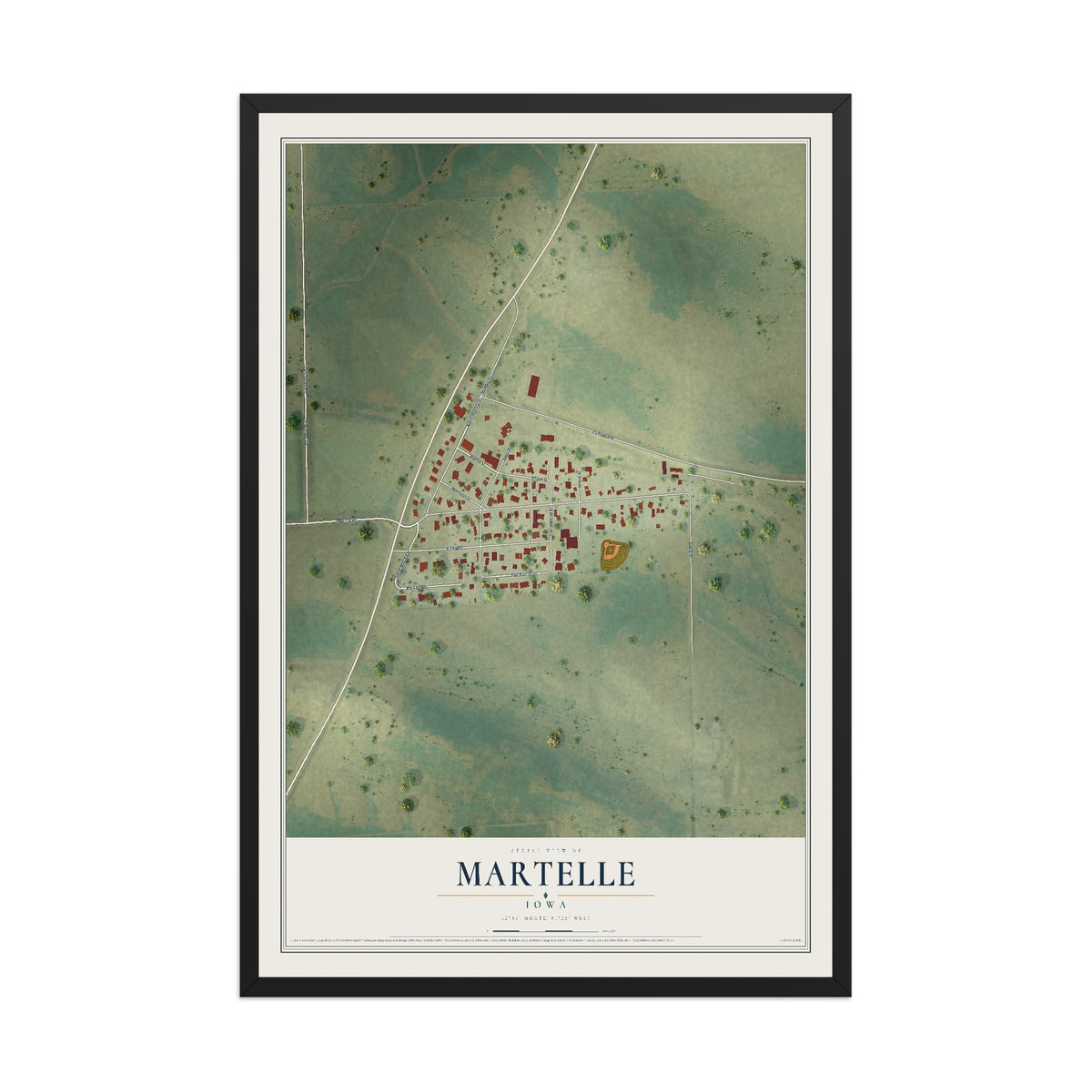 Map of Martelle, Iowa, 12 x 18 inch print in a black wood frame