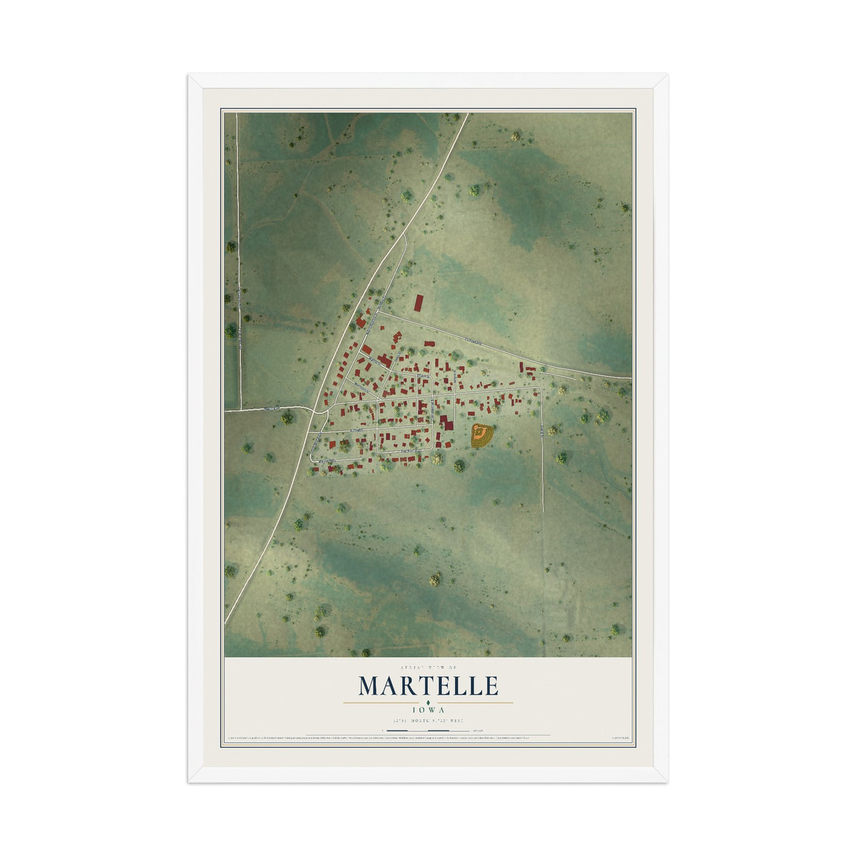 Map of Martelle, Iowa, 12 x 18 inch print in a white wood frame