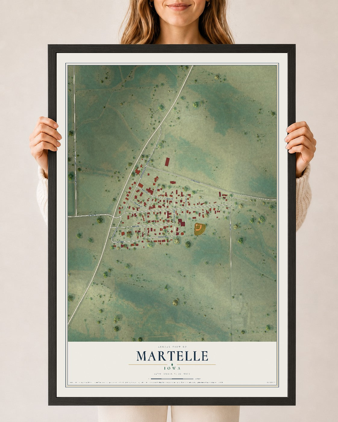 Map of Martelle, Iowa, 24 x 36 inch print in a black wood frame