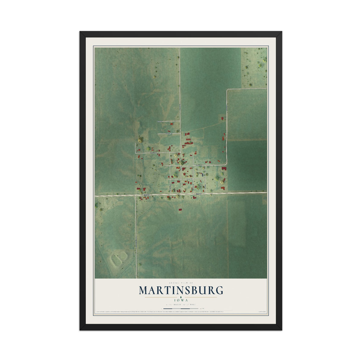 Map of Martinsburg, Iowa, 12 x 18 inch print in a black wood frame