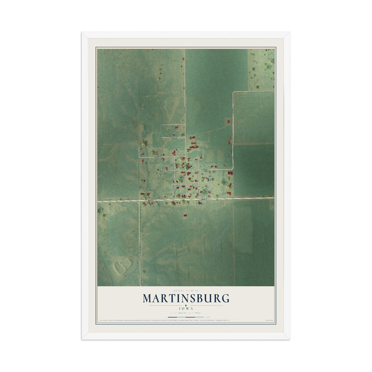 Map of Martinsburg, Iowa, 12 x 18 inch print in a white wood frame