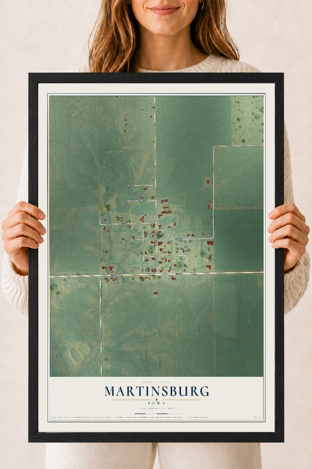 Map of Martinsburg, Iowa, 18 x 24 inch print in a black wood frame