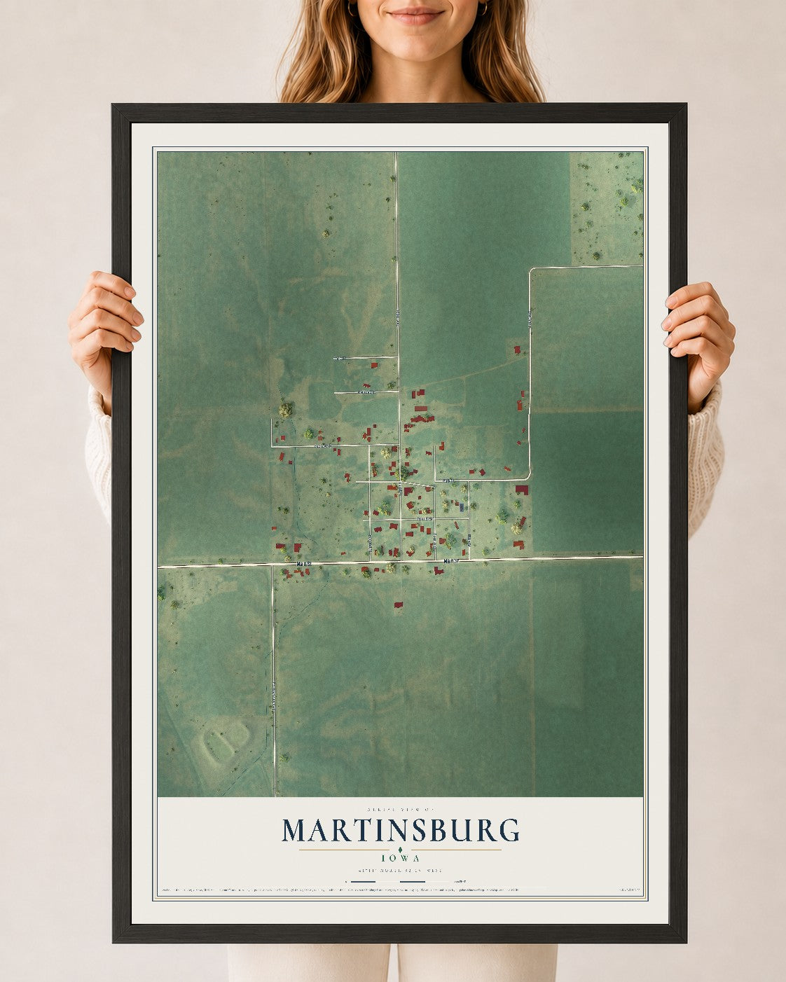 Map of Martinsburg, Iowa, 24 x 36 inch print in a black wood frame
