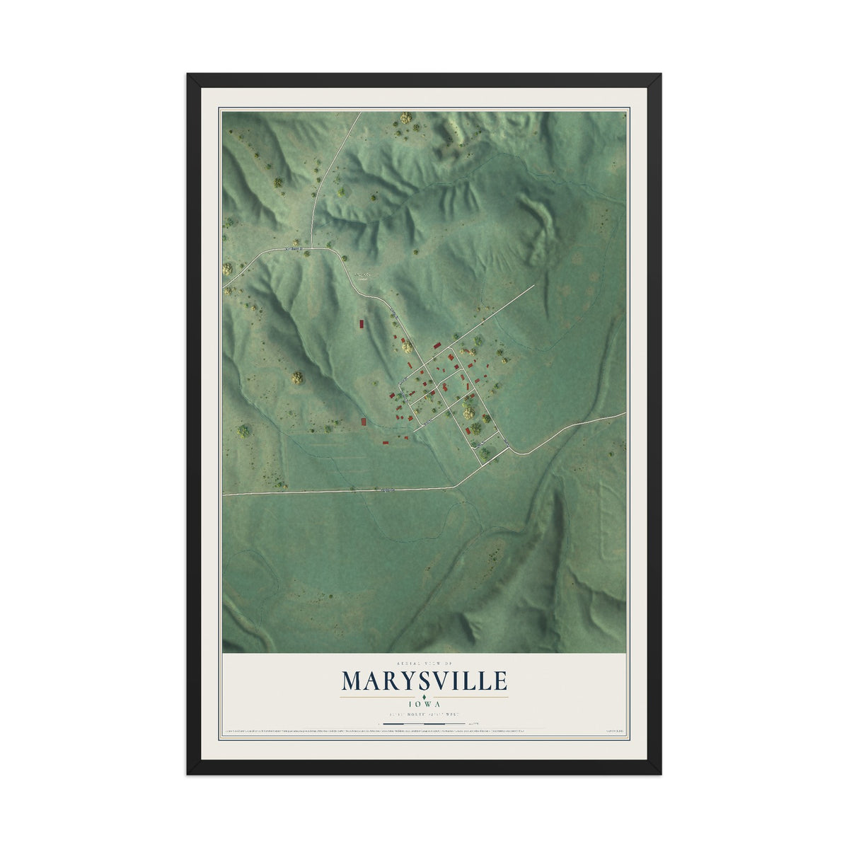 Map of Marysville, Iowa, 12 x 18 inch print in a black wood frame