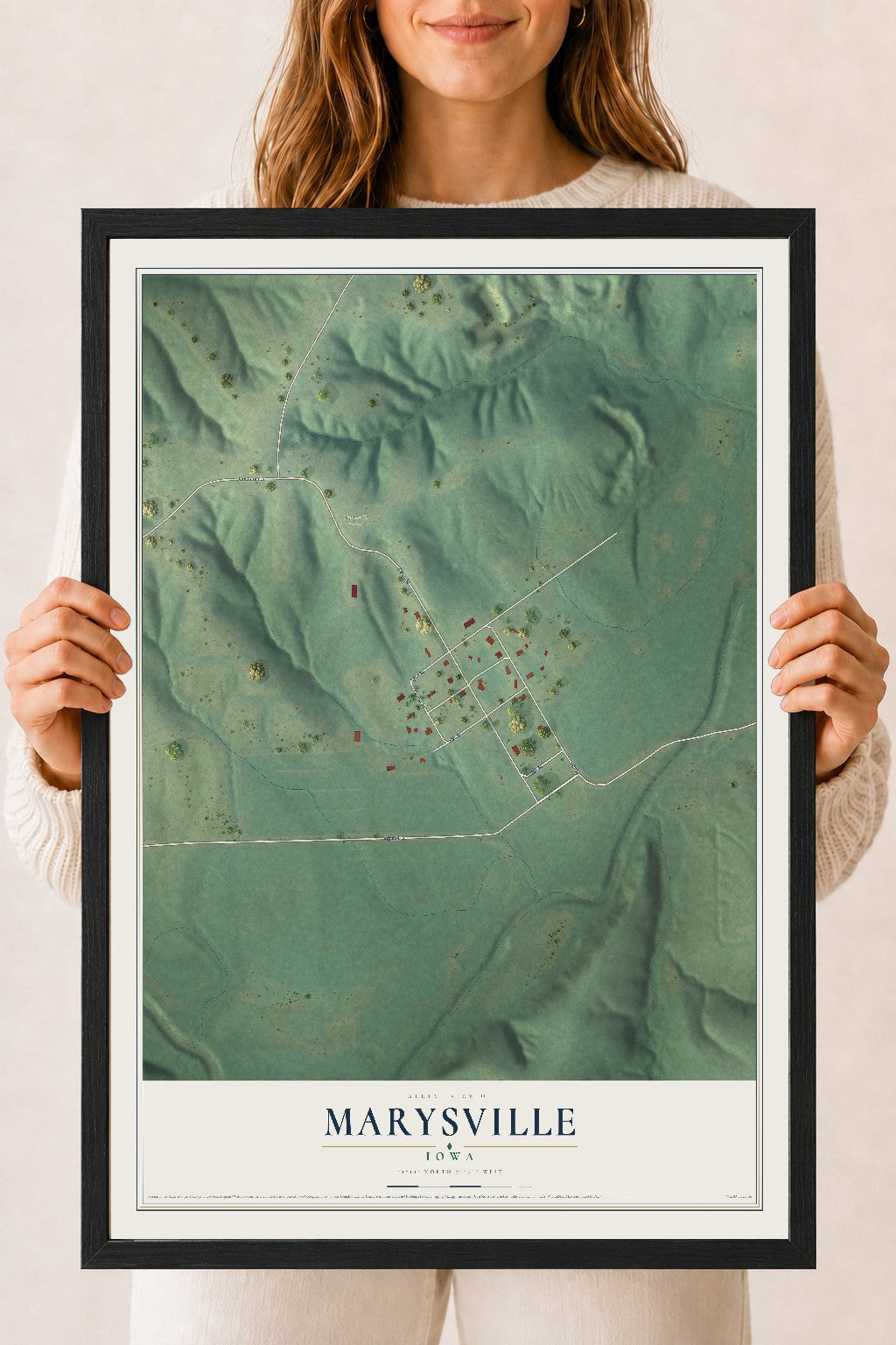 Map of Marysville, Iowa, 18 x 24 inch print in a black wood frame