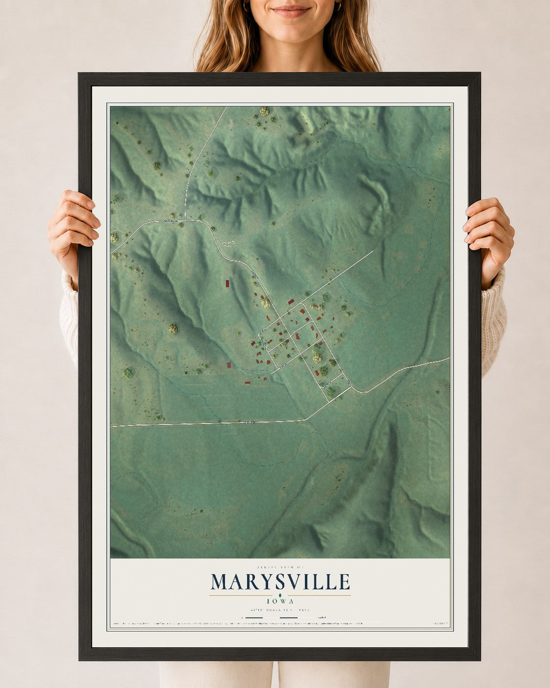Map of Marysville, Iowa, 24 x 36 inch print in a black wood frame