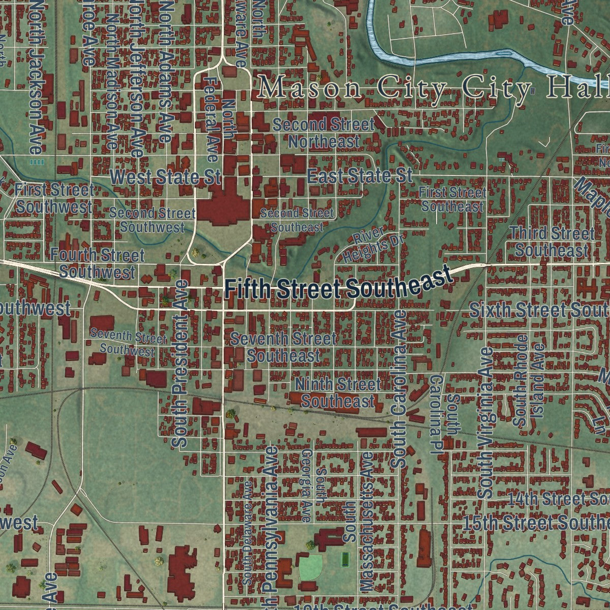 Close-up of the map of Mason City, Iowa print showing street and building detail