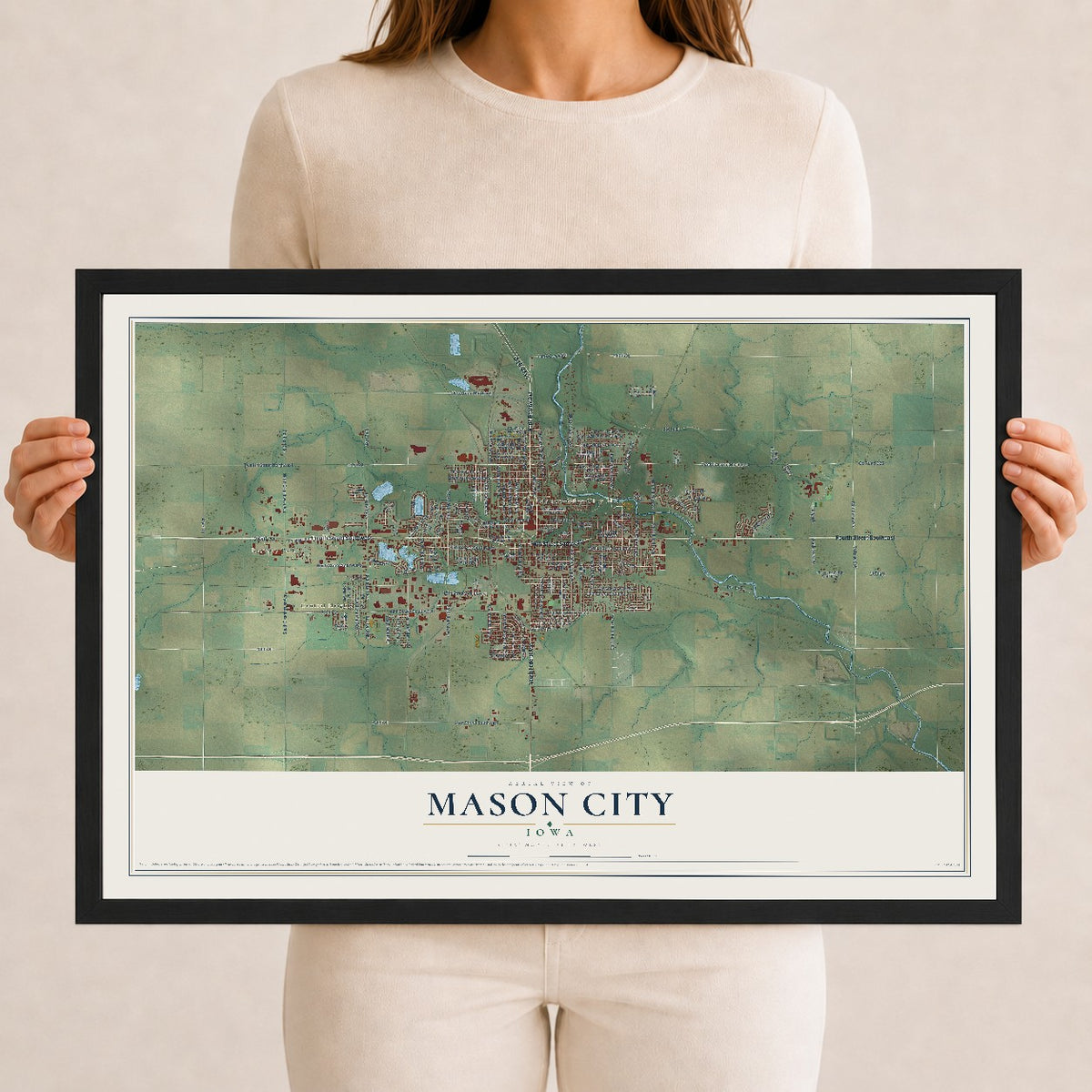 Map of Mason City, Iowa, 12 x 18 inch print in a black wood frame