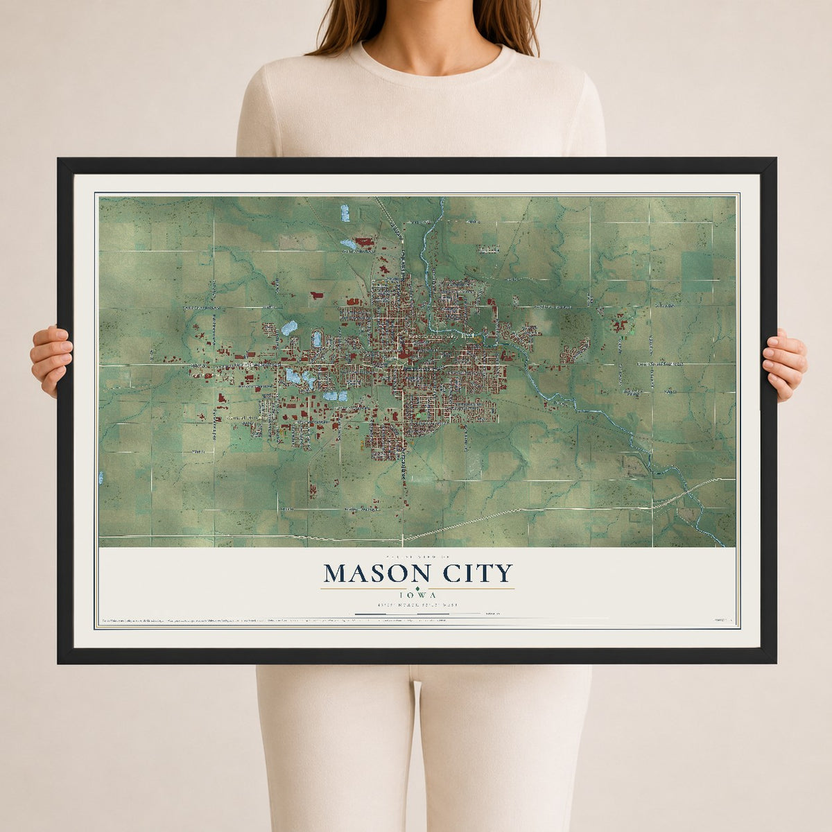 Map of Mason City, Iowa, 24 x 36 inch print in a black wood frame