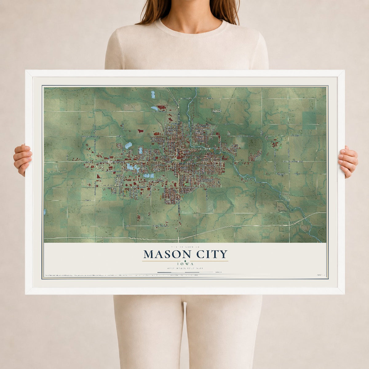 Map of Mason City, Iowa, 24 x 36 inch print in a white wood frame