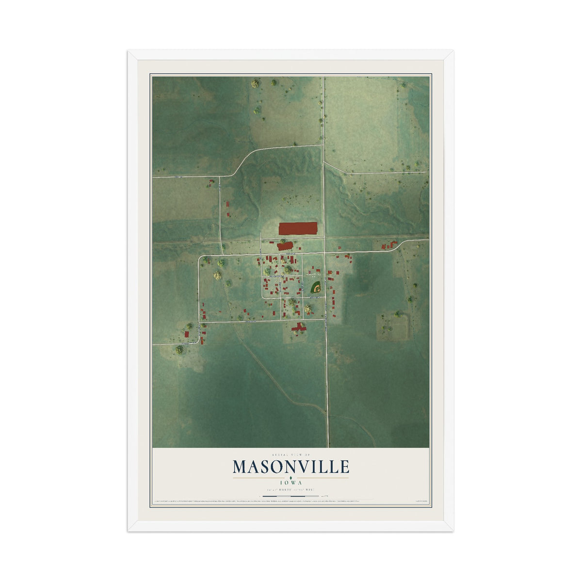 Map of Masonville, Iowa, 12 x 18 inch print in a white wood frame