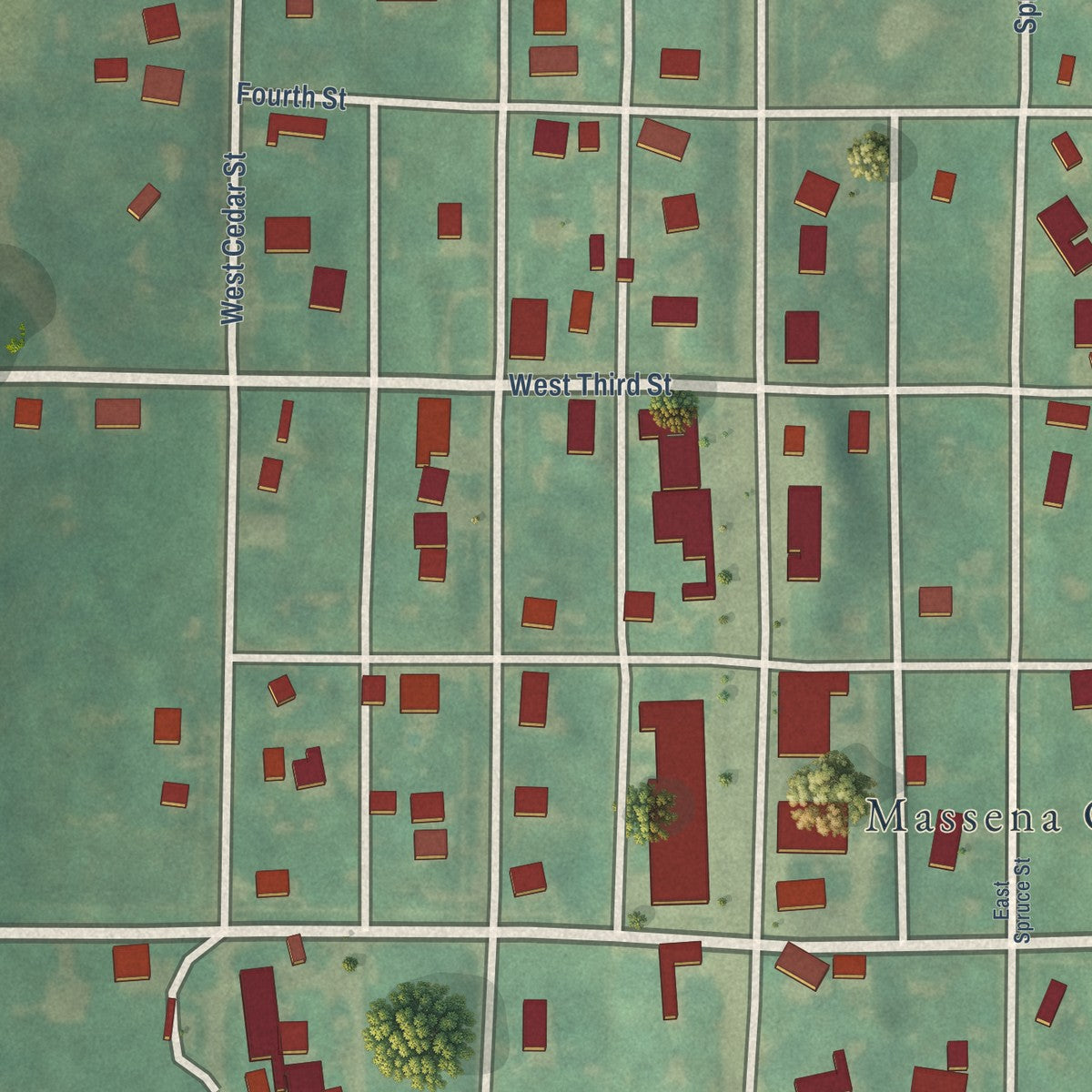 Close-up of the map of Massena, Iowa print showing street and building detail